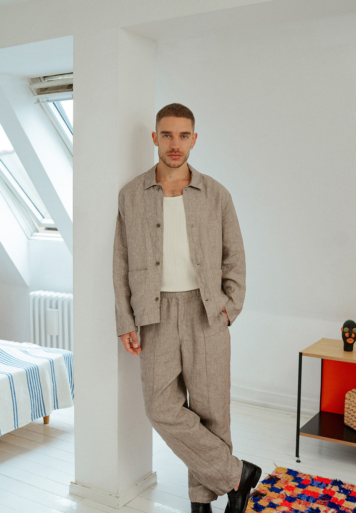 Leinen, Anzug, Beige, Set, weite Passform