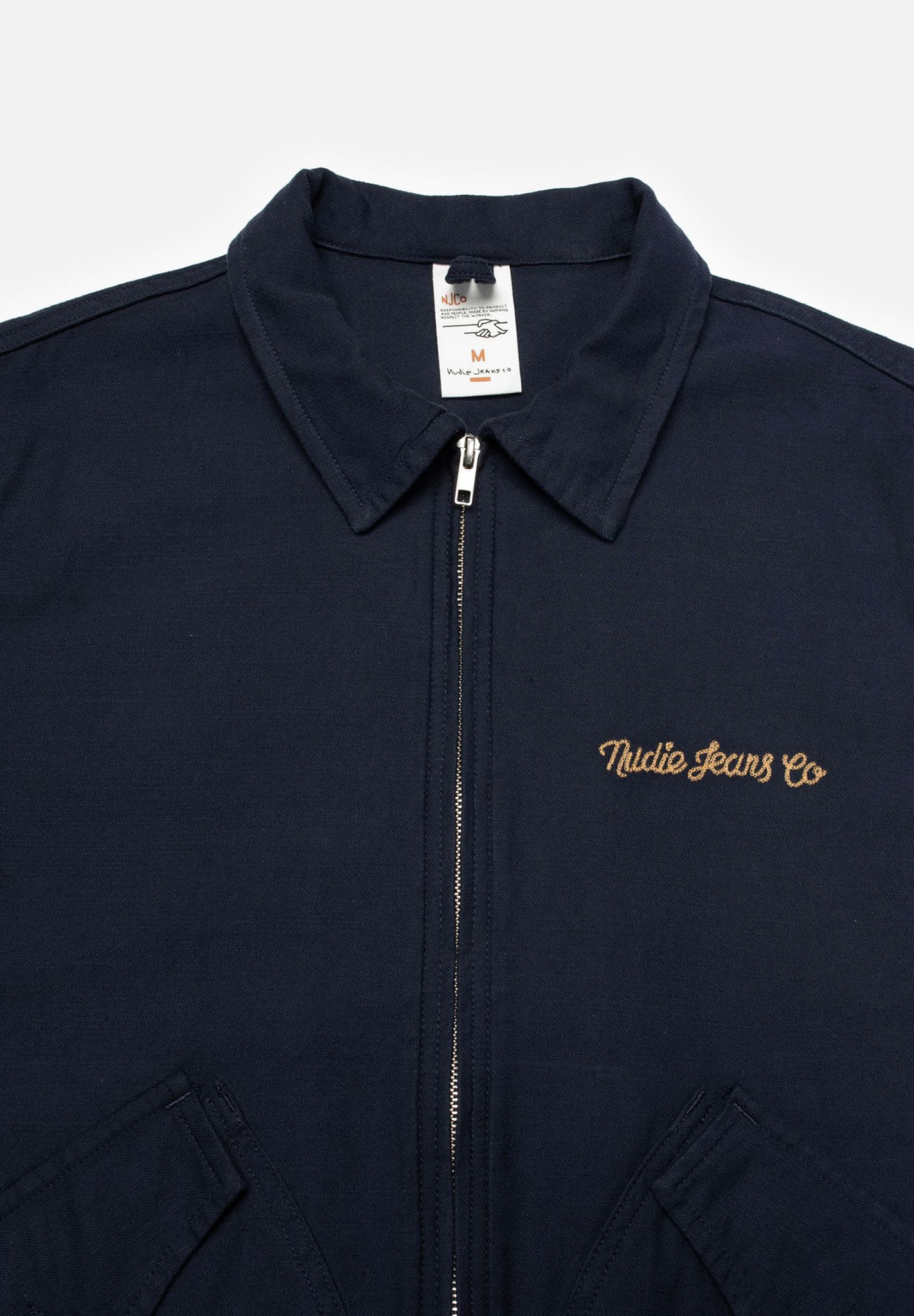 Navy jacket, Zip front, Collar, Embroidered logo, Pockets