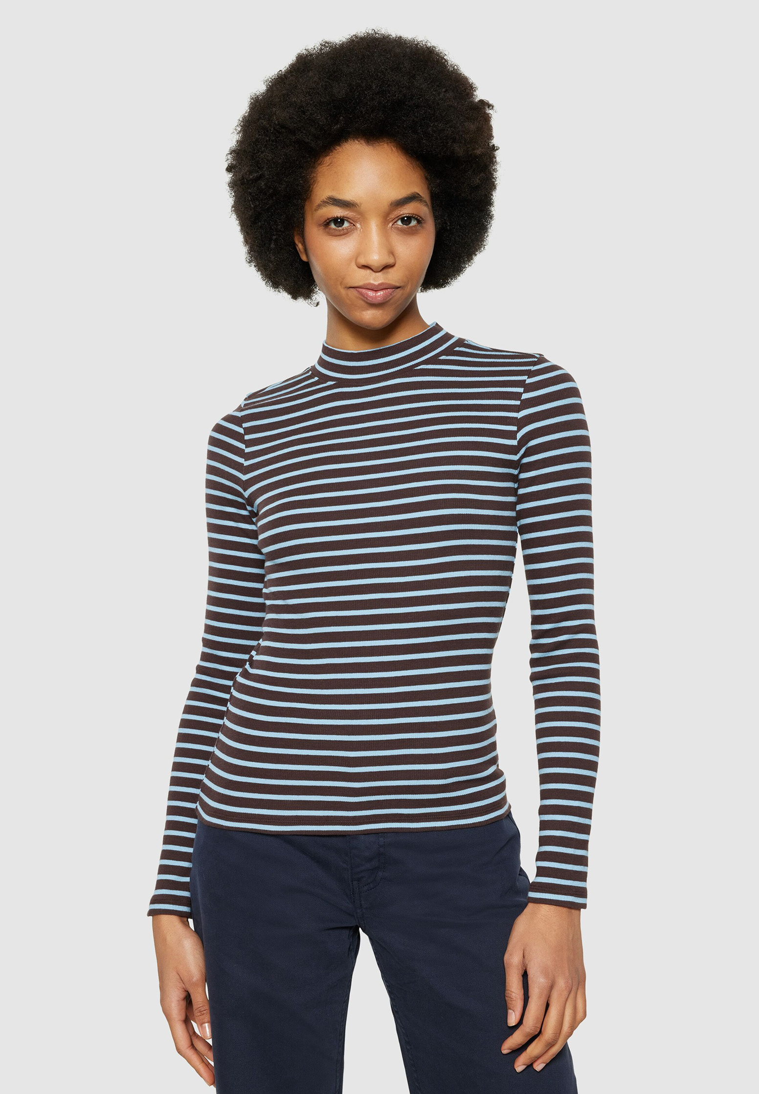 KNOWLEDGECOTTON APPAREL Striped Rib High Neck Longlseeve