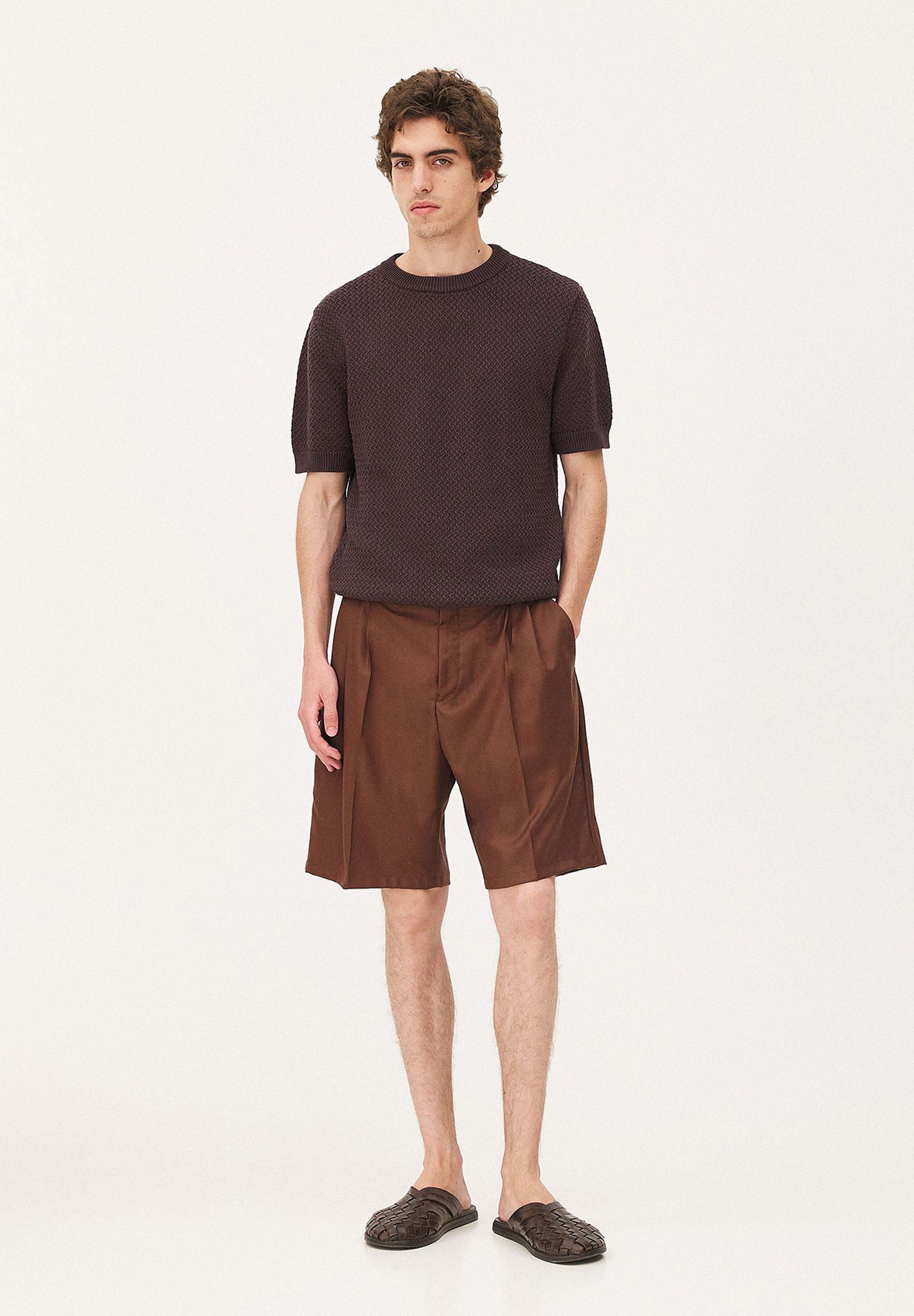 shirt, shorts, brown, knit, slip-on