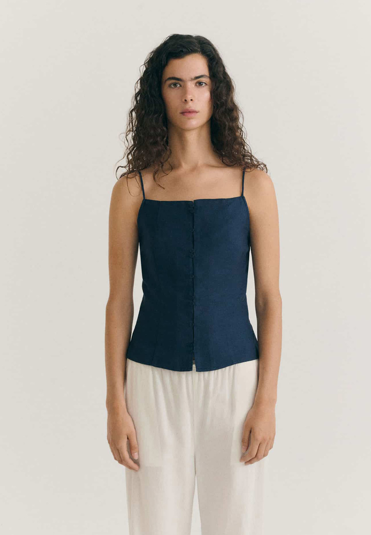 Top, Marineblau, Spaghettiträger, Spaghettiträgertop, Knopfverschluss