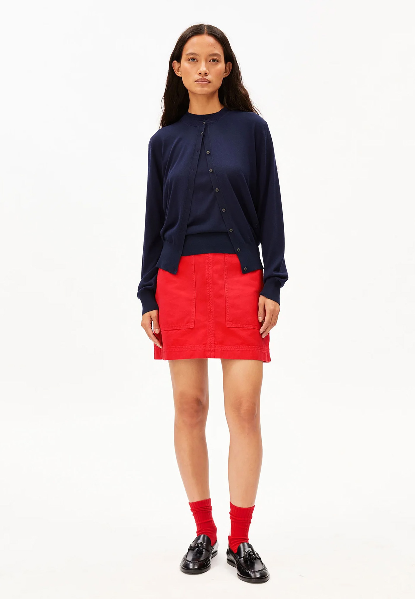 cardigan, navy, knit, red skirt, loafers