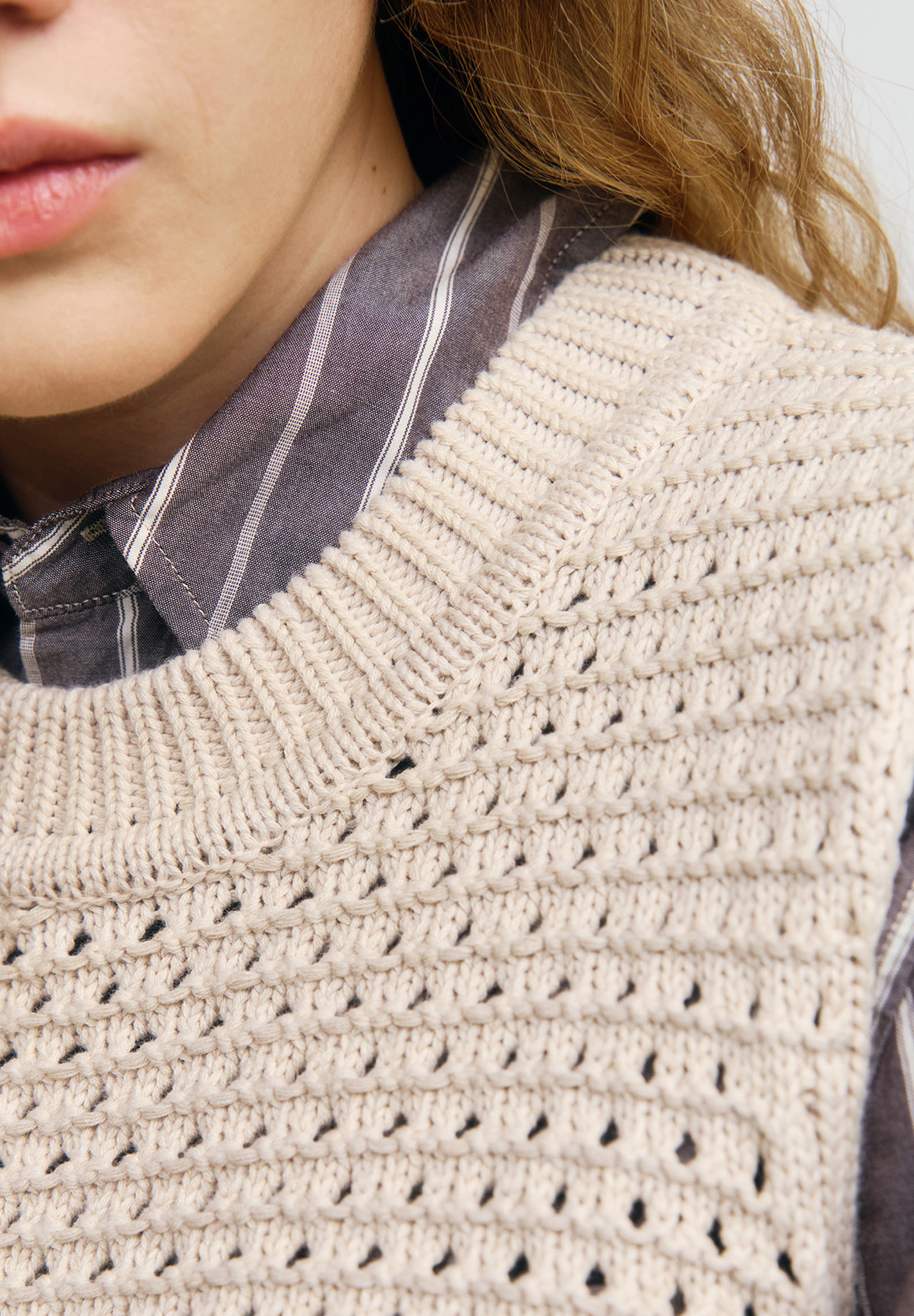 Strickpullover, Weste, weite Strickstruktur, Beige, Pulloverweste