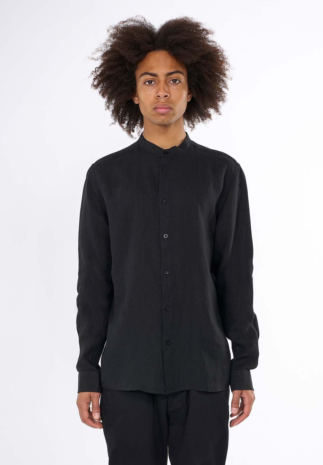 KNOWLEDGECOTTON APPAREL Custom Fit Linen Stand Collar Shirt black jet L