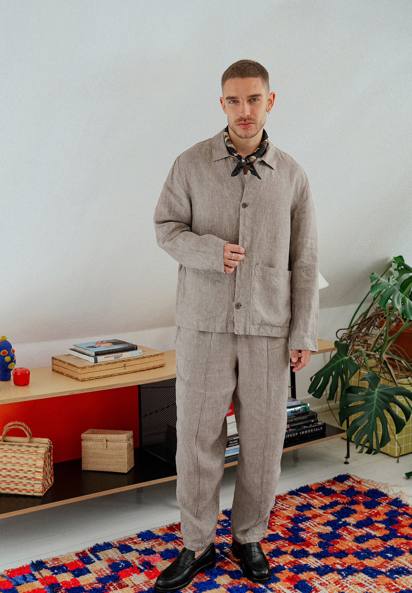 Leinen, Beige, Langarm, Kragen, Bandana-Halsband