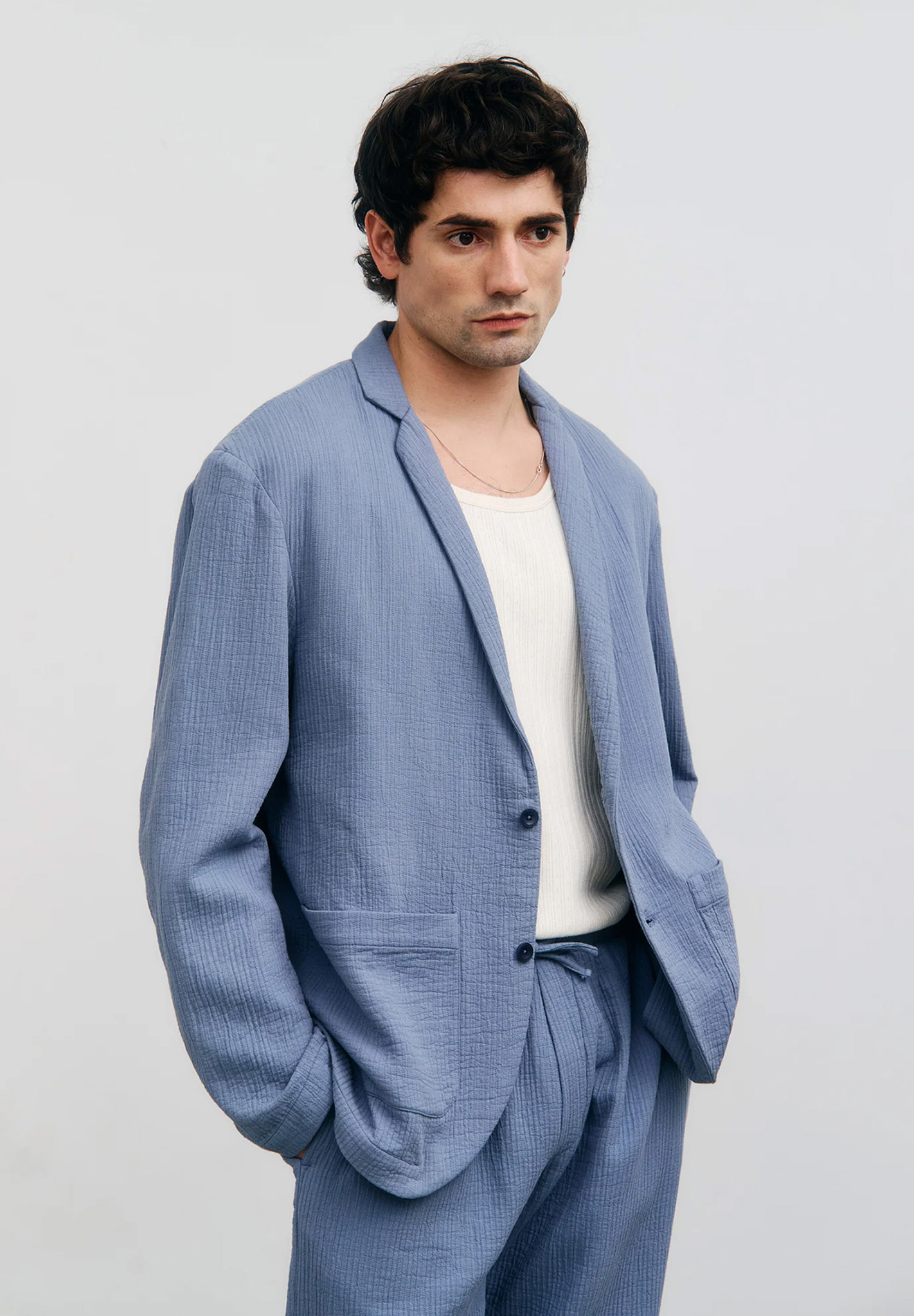 Anzug, Blau, Loungeanzug, Kragenloser Blazer, Hose