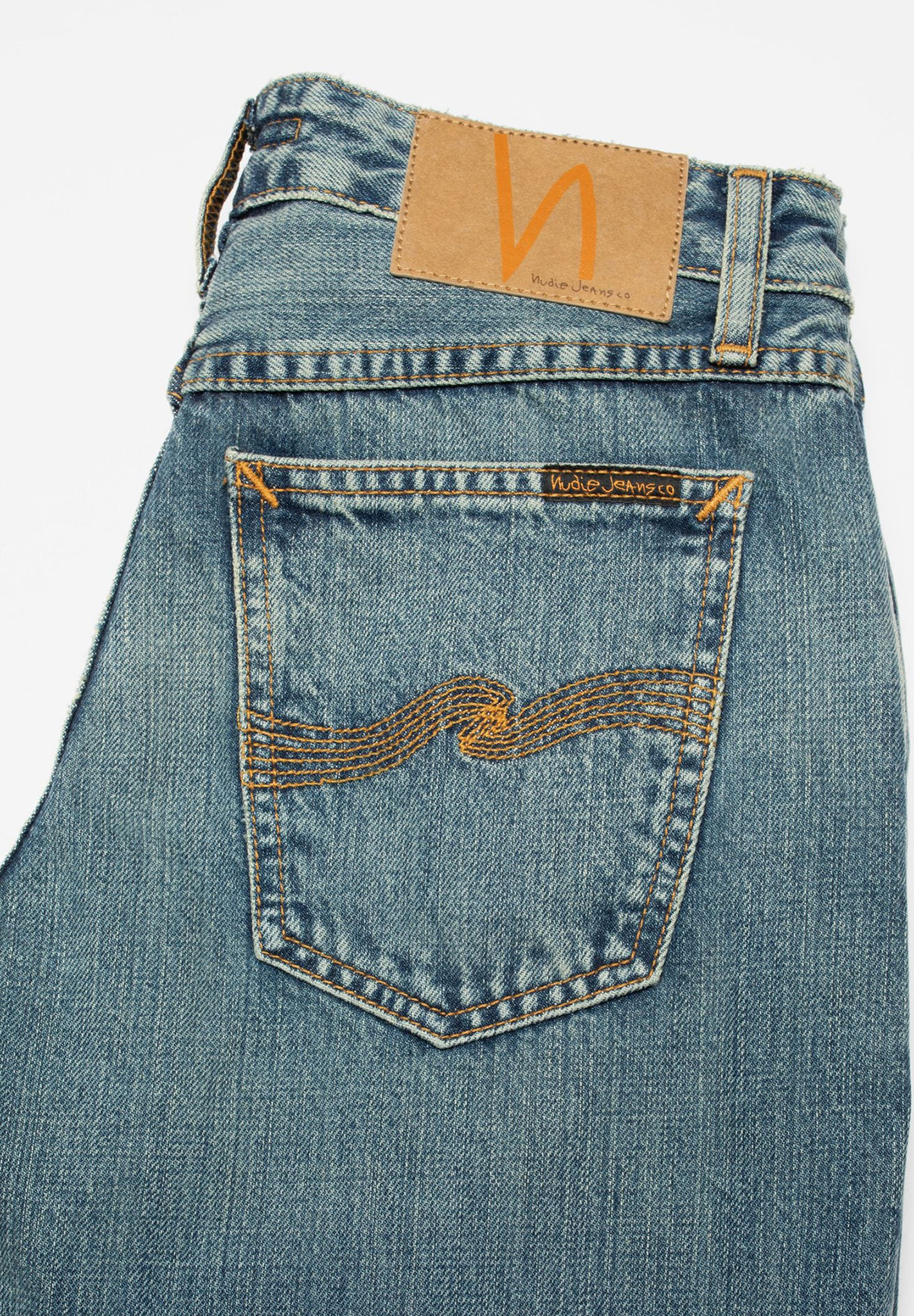 jeans, denim, back pocket, orange stitching, belt loop