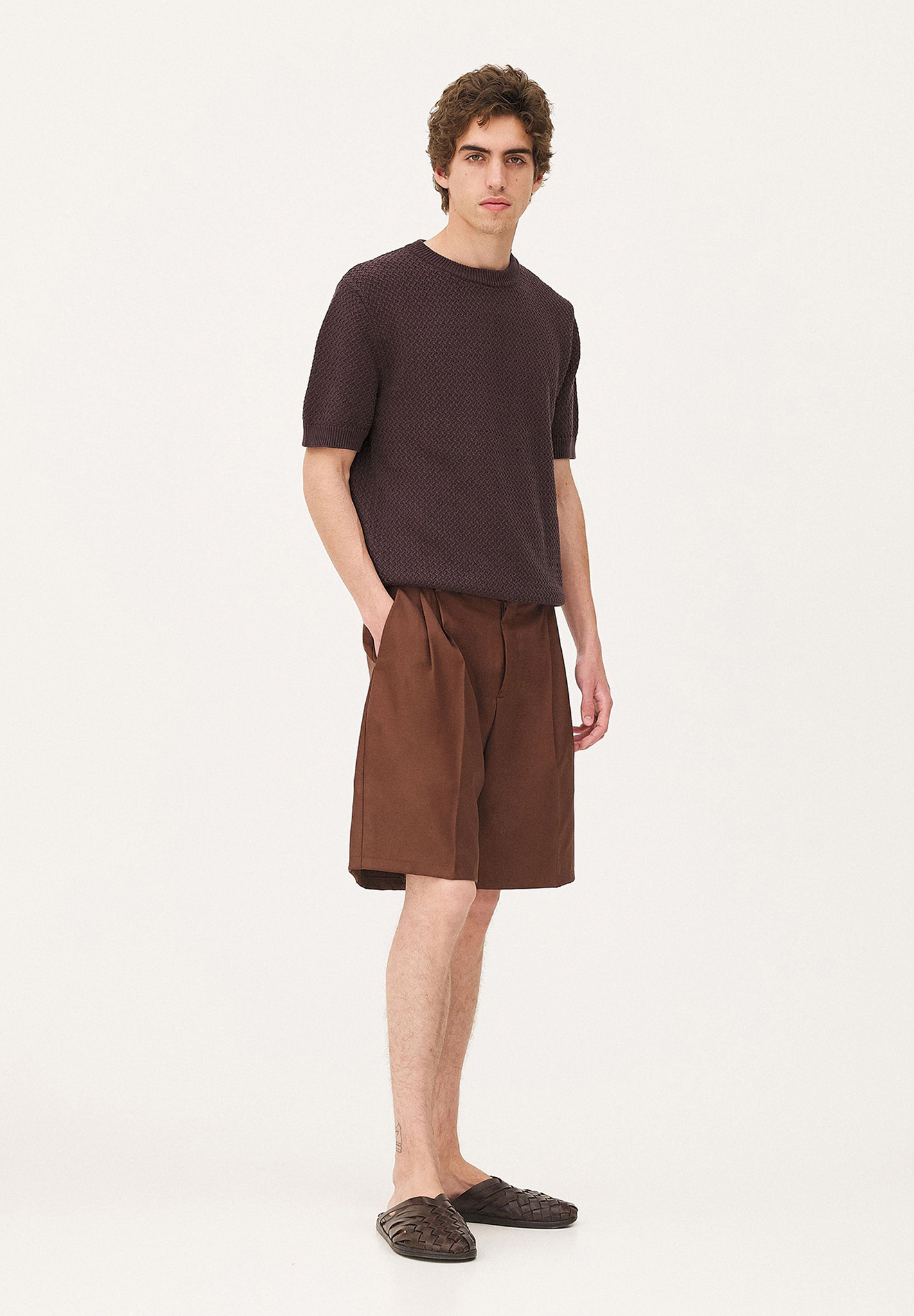 T-Shirt, Shorts, Braun, Strickmuster, Leinen-ähnlich