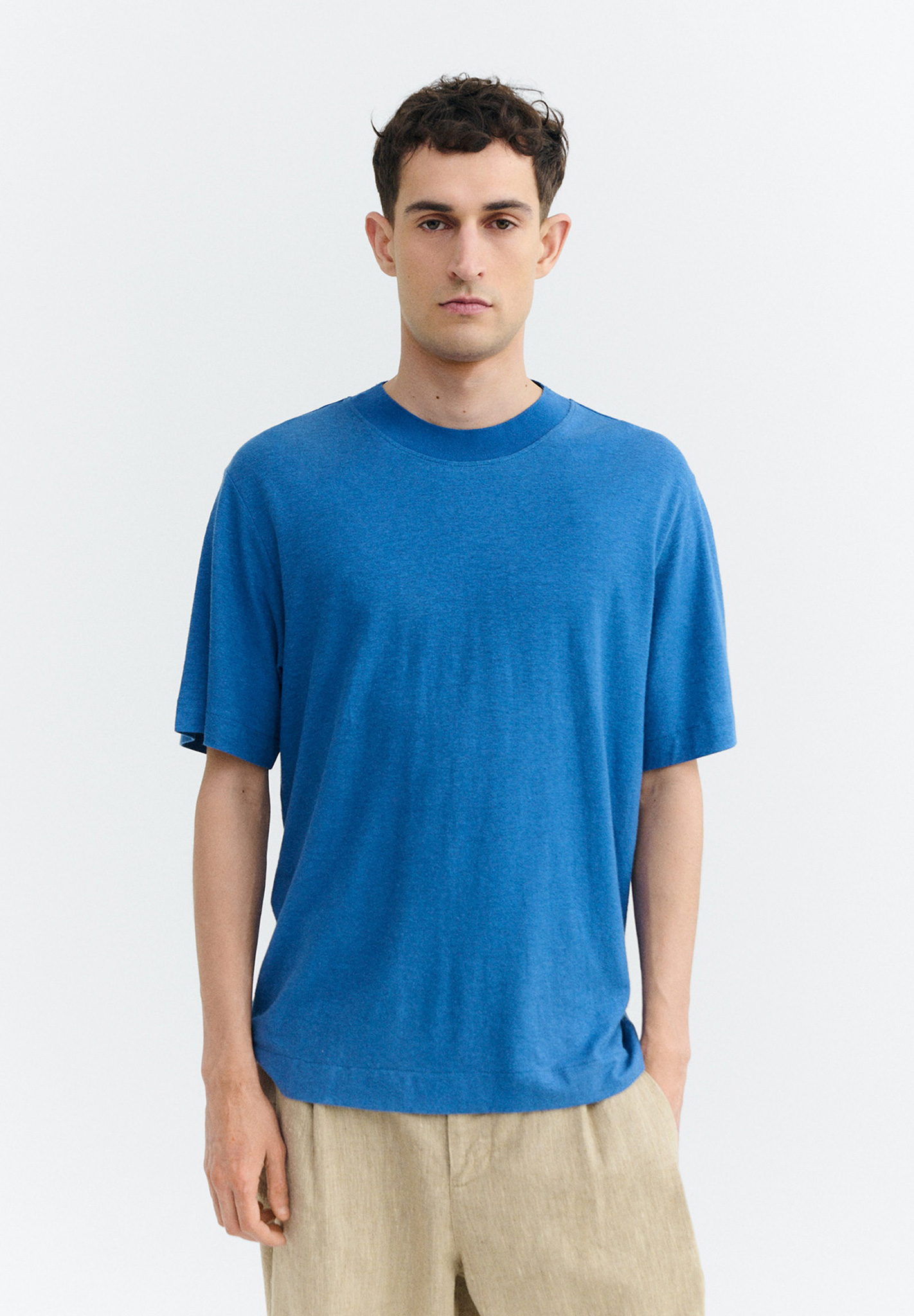 T-Shirt, Kurzarm, Rundhals, Uni-Farbe, Blaue Farbe