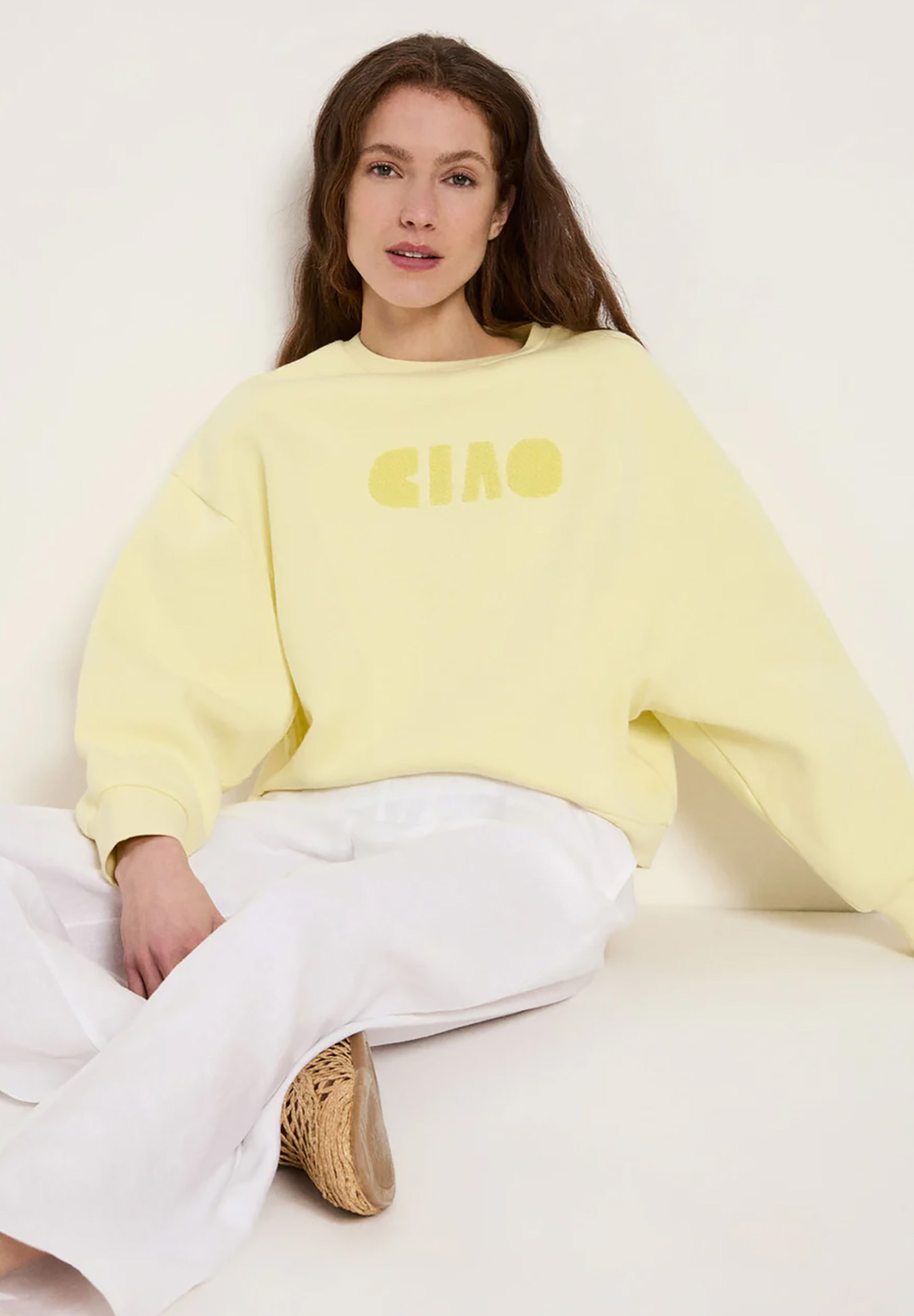 Sweatshirt, Oversize, Crewneck, Pastellgelb, Logo vorhanden